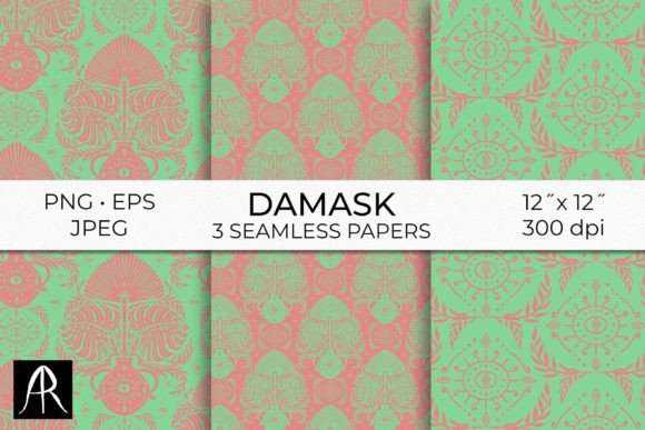 Pink Green Tropical Damask Patterns